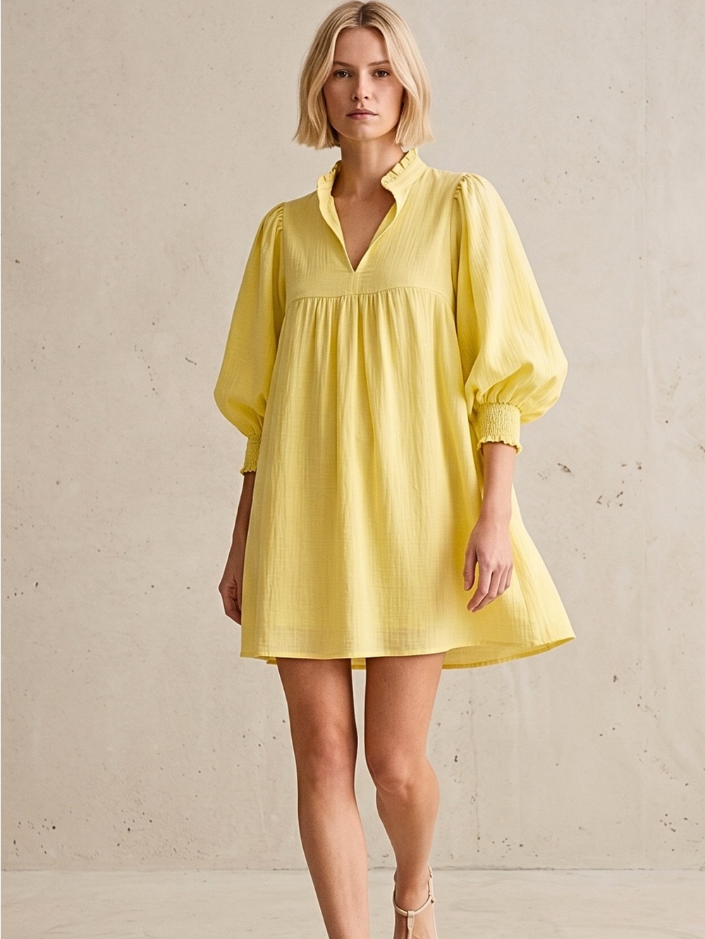 Unbranded Yellow Peasant Tunic Dress with Ruffled Neckline